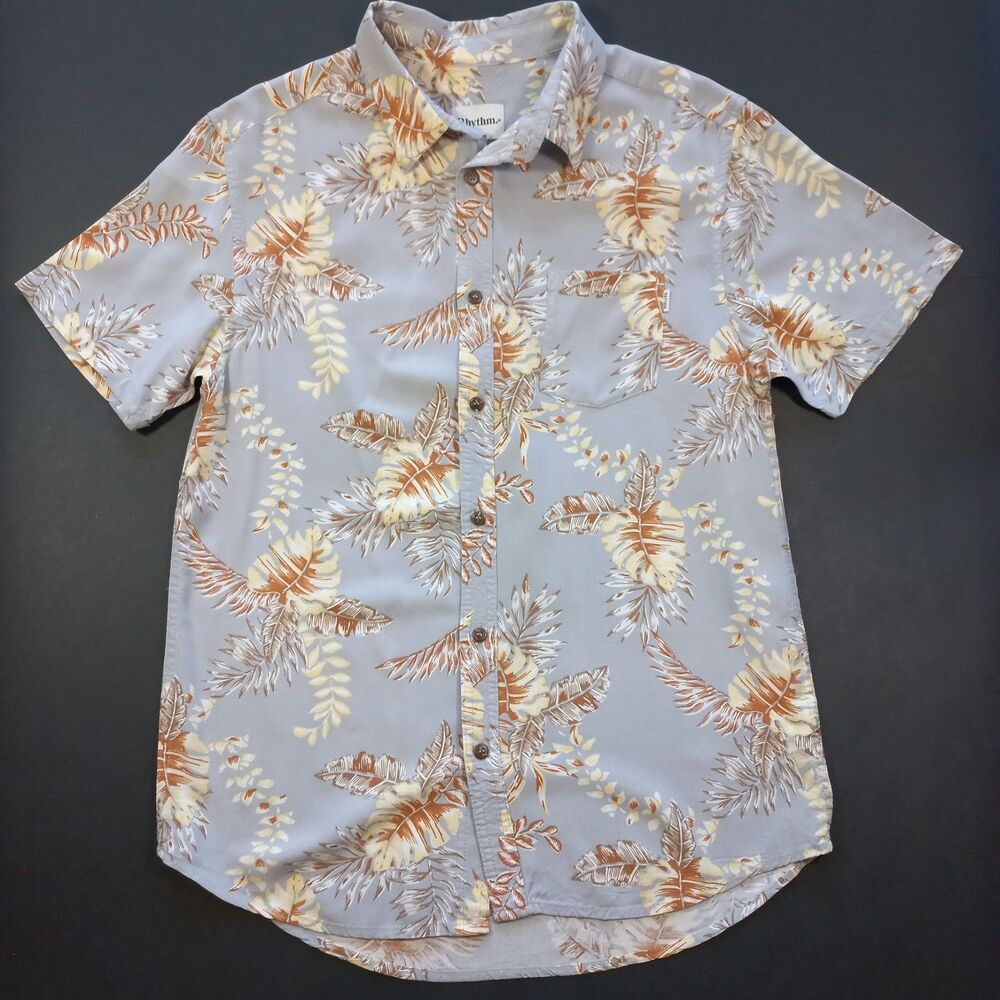 Large Men Rhythm Huckberry Short Sleeve Bermuda SS Shirt Button up Faded Blue